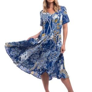 Orientique Naturally Midi Dress Seville Size S Blue Floral Crinkle Gauzy Flowy